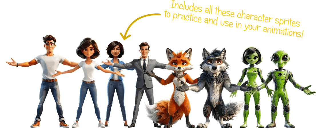 Included Character Sprites for you to practice your learning.